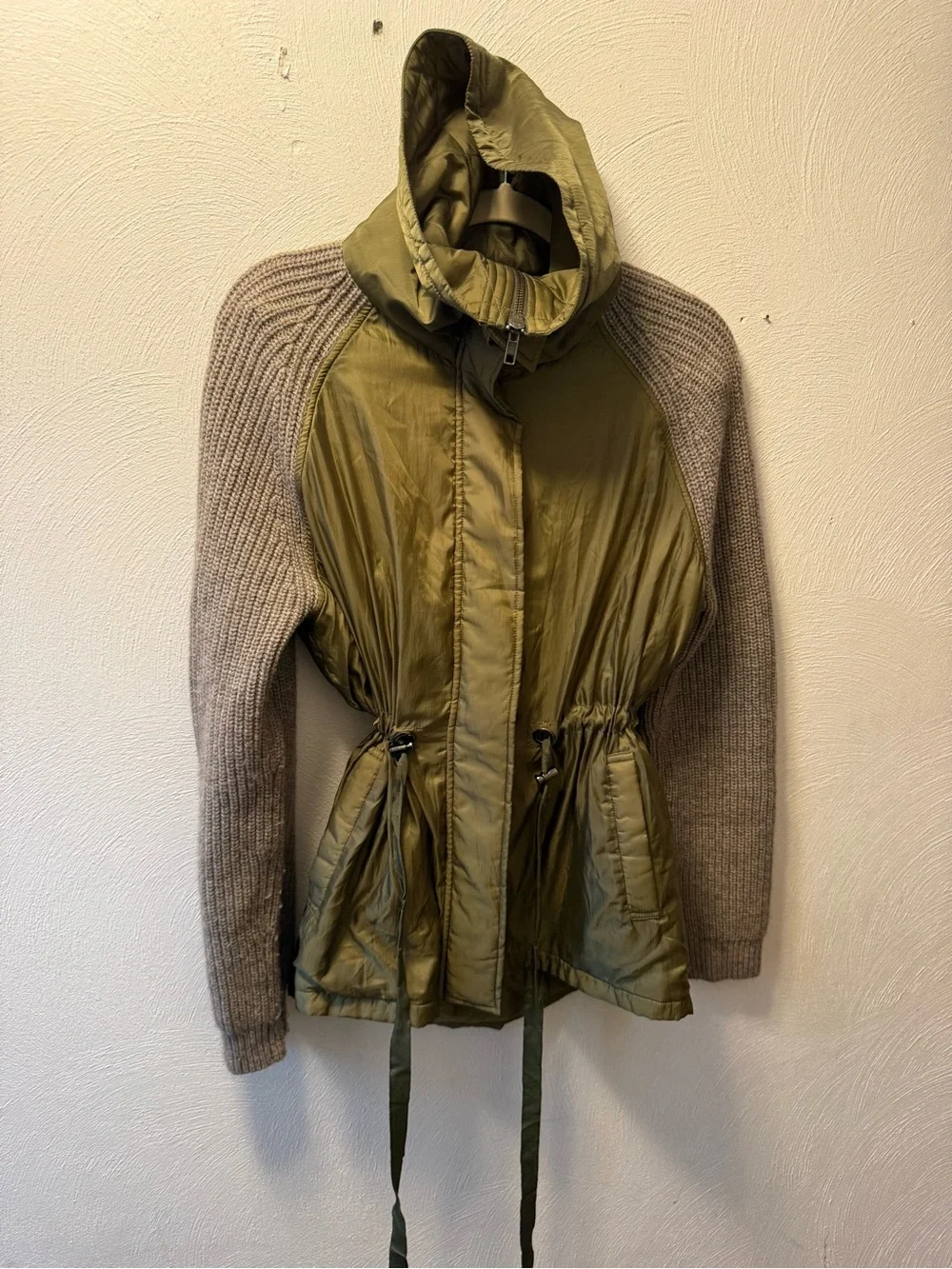 White + Warren Olive Yak Wool Quilted Blend Knit Sleeve Jacket Coat Utility S - Picture 3 of 6